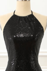 Gorgeou Dress, Black Halter Sequin Prom Dress with Slit