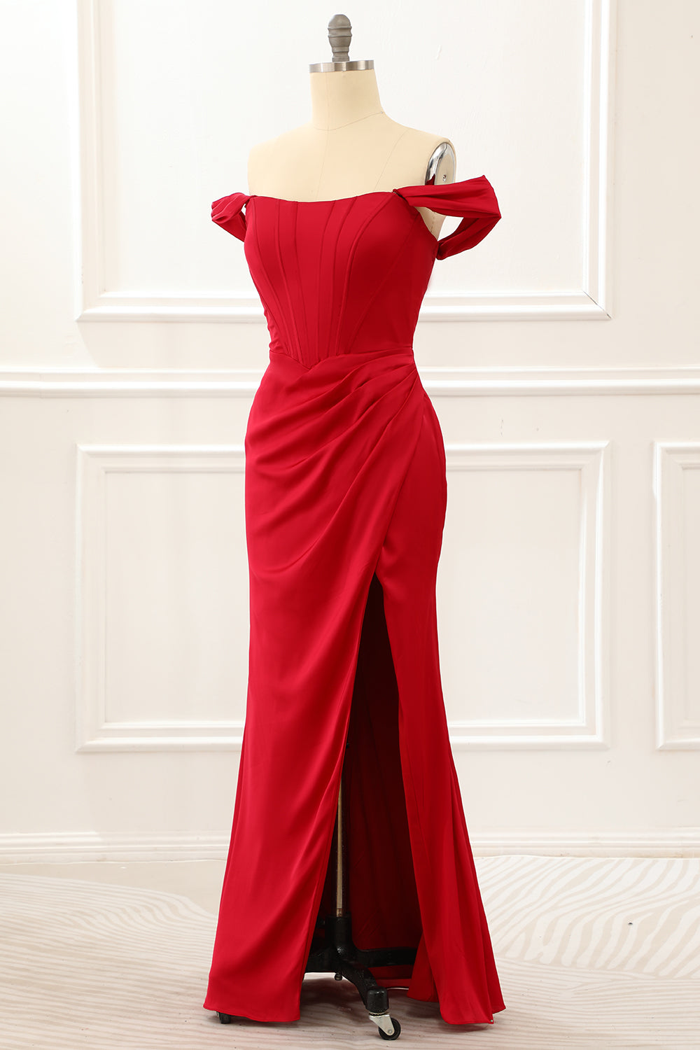 Formal Dress Outfits, Off the Shoulder Ruffles Burgundy Prom Dress with Slit
