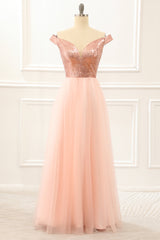 Formal Dress Simple, Off The Shoulder Blush Sequins Prom Dress