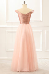 Formal Dresses Ball Gown, Off The Shoulder Blush Sequins Prom Dress