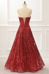 Party Dress Shiny, Spaghetti Straps Red Sparkly Corset Prom Dress