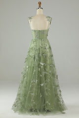Prom Dressed A Line, Green Corset Long Tulle Prom Dress with 3D Butterflies