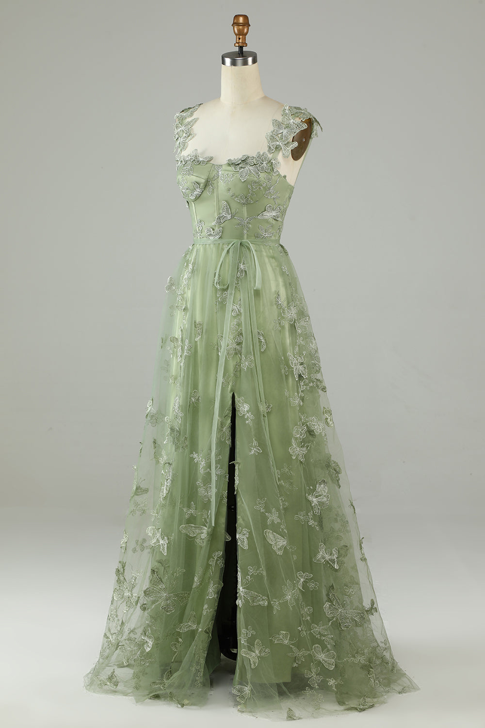 Prom Dress Spring, Green Corset Long Tulle Prom Dress with 3D Butterflies