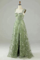 Prom Dresses Long Open Back, Stunning A-Line Long Tulle Prom Dress with Split And 3D Butterflies