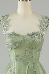 Prom Dress A Line, Green Corset Long Tulle Prom Dress with 3D Butterflies