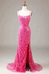 Classy Prom Dress, Sparkly Fuchsia Mermaid Spaghetti Straps Long Beaded Prom Dress With Slit