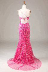 Short Dress, Sparkly Fuchsia Mermaid Spaghetti Straps Long Beaded Prom Dress With Slit