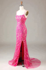 Quince Dress, Sparkly Fuchsia Mermaid Spaghetti Straps Long Beaded Prom Dress With Slit