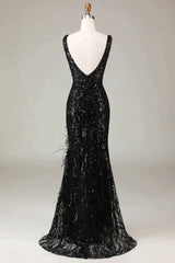 Party Dress Long Dress, Glitter Black Mermaid V-Neck Long Feathered Prom Dress With Slit