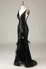 Party Dresses Long Dresses, Glitter Black Mermaid V-Neck Long Feathered Prom Dress With Slit