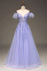 Bridesmaids Dresses Purple, Lilac A Line Feather Off The Shoulder Long Tulle Prom Dress With Appliques