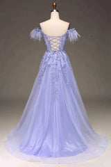 Bridesmaid Dresses Purples, Lilac A Line Feather Off The Shoulder Long Tulle Prom Dress With Appliques