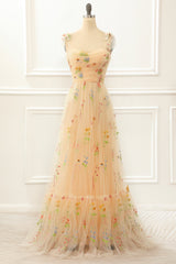 On Shoulder Dress, Tulle Champagne A Line Prom Dress with Embroidery