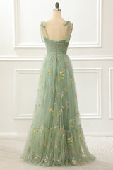 Flowy Dress, Tulle Green A Line Prom Dress with Embroidery