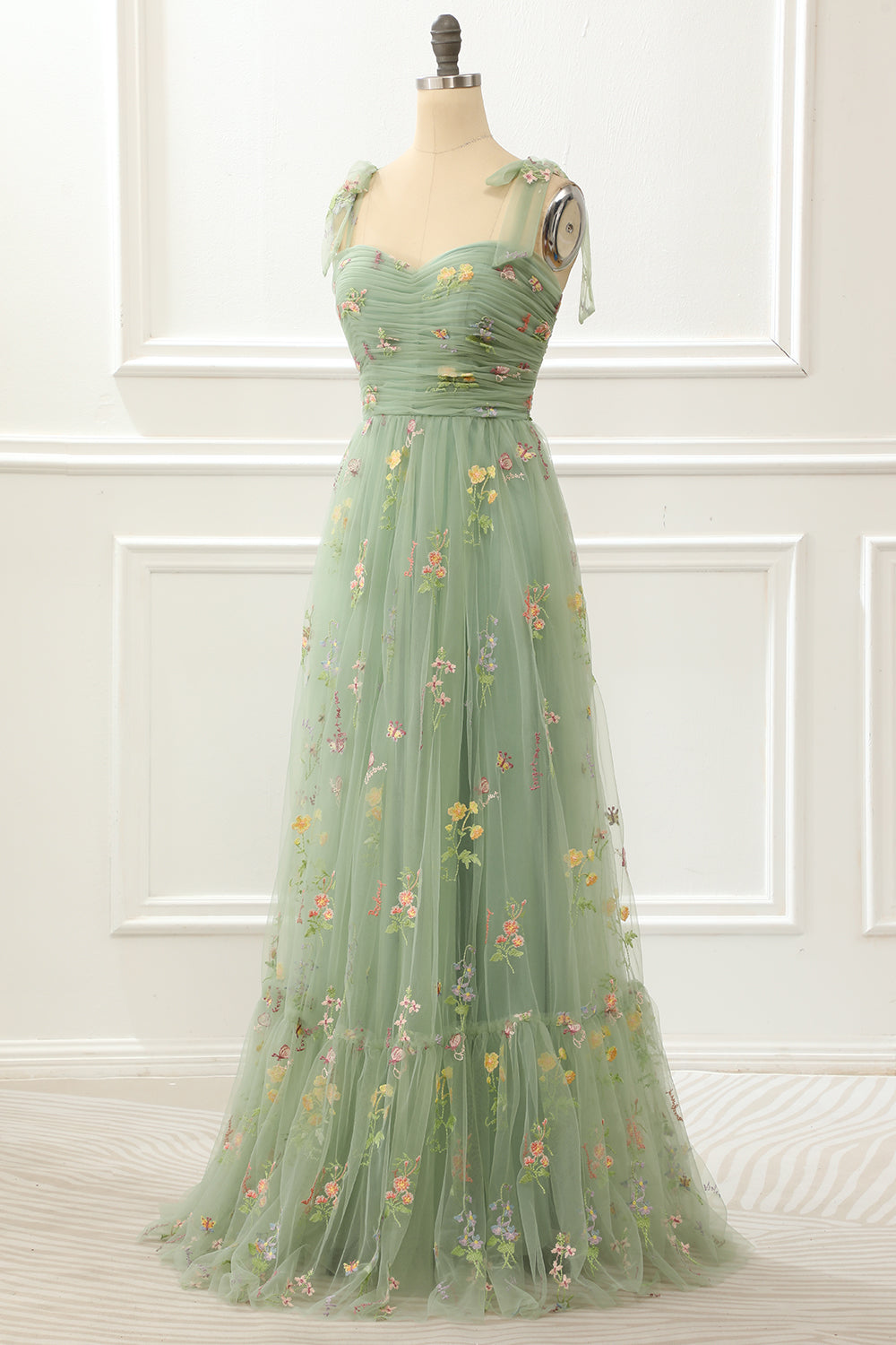 Bow Dress, Tulle Green A Line Prom Dress with Embroidery