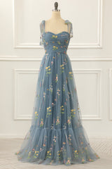 Party Dress Outfits Ideas, Grey Blue Tulle A Line Prom Dress with Embroidered