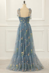 Party Dress Party, Grey Blue Tulle A Line Prom Dress with Embroidered