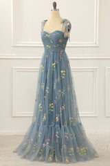 Party Dresses Casual, Grey Blue Tulle A Line Prom Dress with Embroidered