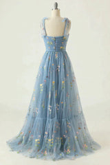 Bridesmaid Dress Satin, Romantic A-Line Spaghetti Straps Embroidery Long Prom Dress