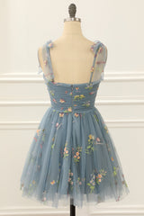 Party Dress Bridal, Grey Blue Tulle A Line Short Prom Dress with Embroidered