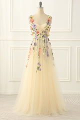 Blue Bridesmaid Dress, Champagne Tulle A-line Prom Dress with Appliques