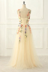 Winter Formal Dress Short, A Line Champagne Spaghetti Straps Long Tulle Prom Dress With Embroidery