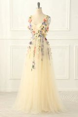 Prom Dress Ideas, A Line Champagne Spaghetti Straps Long Tulle Prom Dress With Embroidery