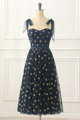 Bridesmaid Dresses Sale, Navy Tulle A-line Midi Prom Dress with Stars