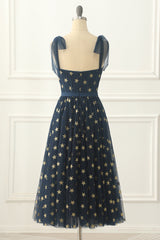 Bridesmaid Dresses Navy Blue, Navy Tulle A-line Midi Prom Dress with Stars