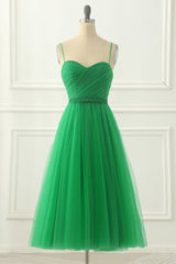 Bridesmaid Dress Lavender, Green Spaghetti Straps Tulle Prom Dress with Sash