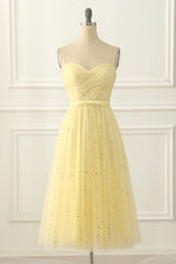 Bridesmaids Dress Cheap, Yellow Tulle Spaghetti Straps Midi Sparkly Prom Dress