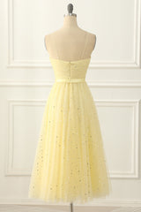 Bridesmaid Dress Designers, Yellow Tulle Spaghetti Straps Midi Sparkly Prom Dress