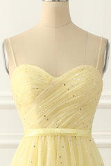 Bridesmaids Dress Designers, Yellow Tulle Spaghetti Straps Midi Sparkly Prom Dress