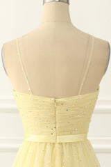 Bridesmaids Dress Designs, Yellow Tulle Spaghetti Straps Midi Sparkly Prom Dress