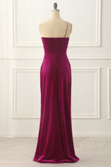 Bridesmaid Dress Pink, Velvet One Shoulder Prom Dress with Slit