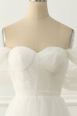Slip Dress, Ivory Tulle Off the Shoulder A-line Prom Dress