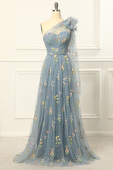 Bridesmaid Dress With Lace, One Shoulder Tulle Blue Prom Dress with Embroidery
