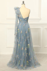 Bridesmaids Dresses With Lace, One Shoulder Tulle Blue Prom Dress with Embroidery