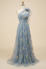 Prom Dresses Online, A-Line Grey Blue Long Prom Dress With Embroidery