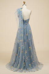 Prom Dresses For Teens, A-Line Grey Blue Long Prom Dress With Embroidery
