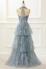 Party Dresses For 23 Year Olds, A Line Halter Tulle Prom Dress with Embroidery