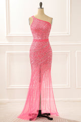 Formal Dress With Sleeve, One Shoulder Hot Pink Sparkly Long Prom Dress with Slit