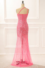 Formal Dresses With Sleeve, One Shoulder Hot Pink Sparkly Long Prom Dress with Slit