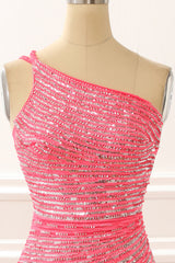 Formal Dress Wear For Ladies, One Shoulder Hot Pink Sparkly Long Prom Dress with Slit