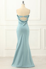 Prom Dress 2033, Blue Strapless Sheath Satin Prom Dress