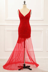 Evening Dresses 2034, Asymmetrical Red Prom Dress with Embroidery