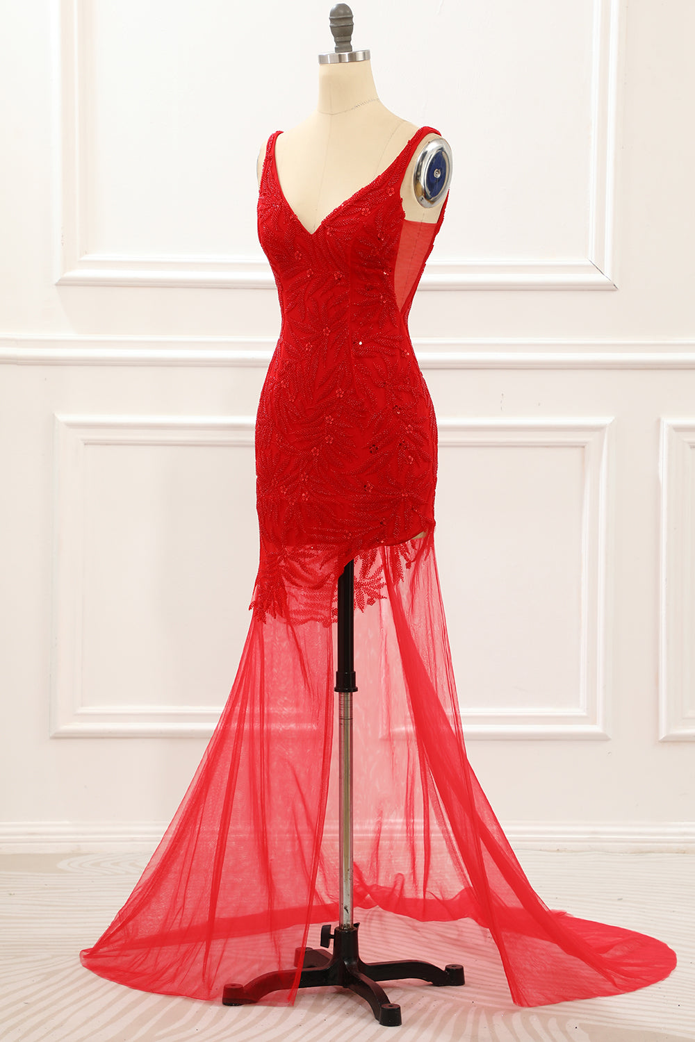 Evening Dress Long Elegant, Asymmetrical Red Prom Dress with Embroidery