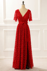 Formal Dress For Wedding Party, Red V-neck Lace Prom Dress with Slit