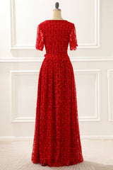 Formal Dress Floral, Red V-neck Lace Prom Dress with Slit