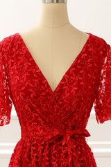 Formal Dress For Party Wear, Red V-neck Lace Prom Dress with Slit